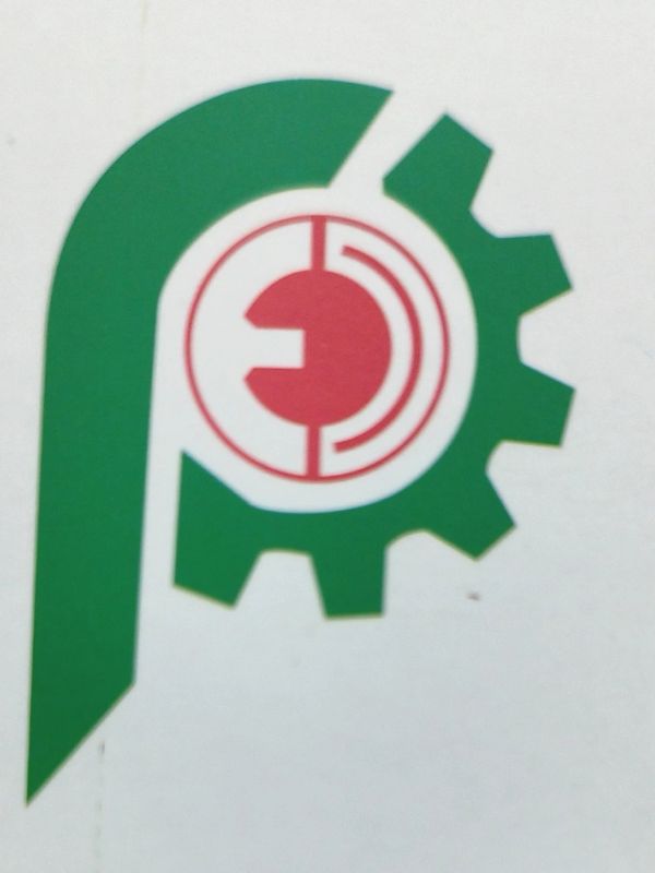 Green and red abstract industrial logo with gear and circular design.