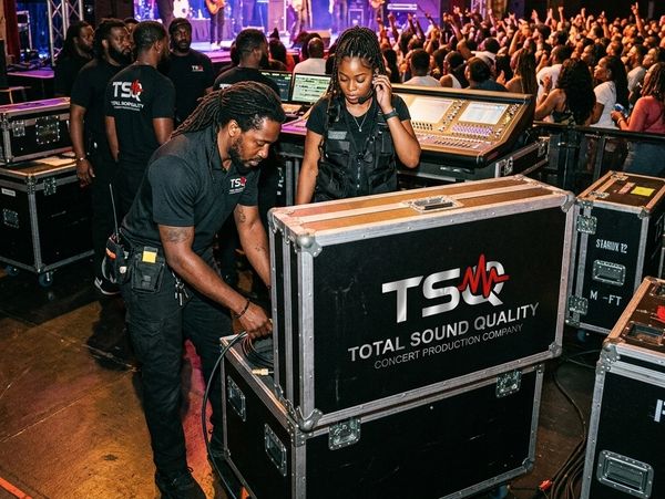 Event staff manage sound equipment at a concert.