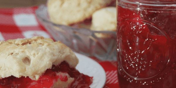 A biscuit with red jelly on a white plate beside a jar of jelly.