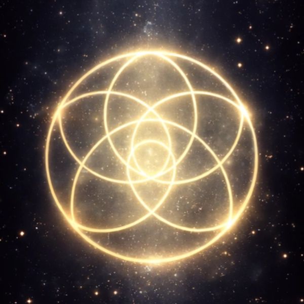Glowing golden geometric pattern with overlapping circles against a starry background.