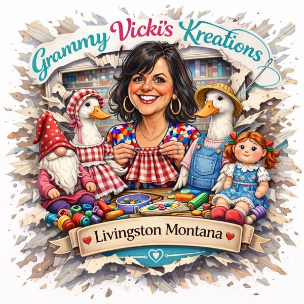 Colorful caricature of a smiling woman crafting with dolls and ducks in Livingston, Montana.