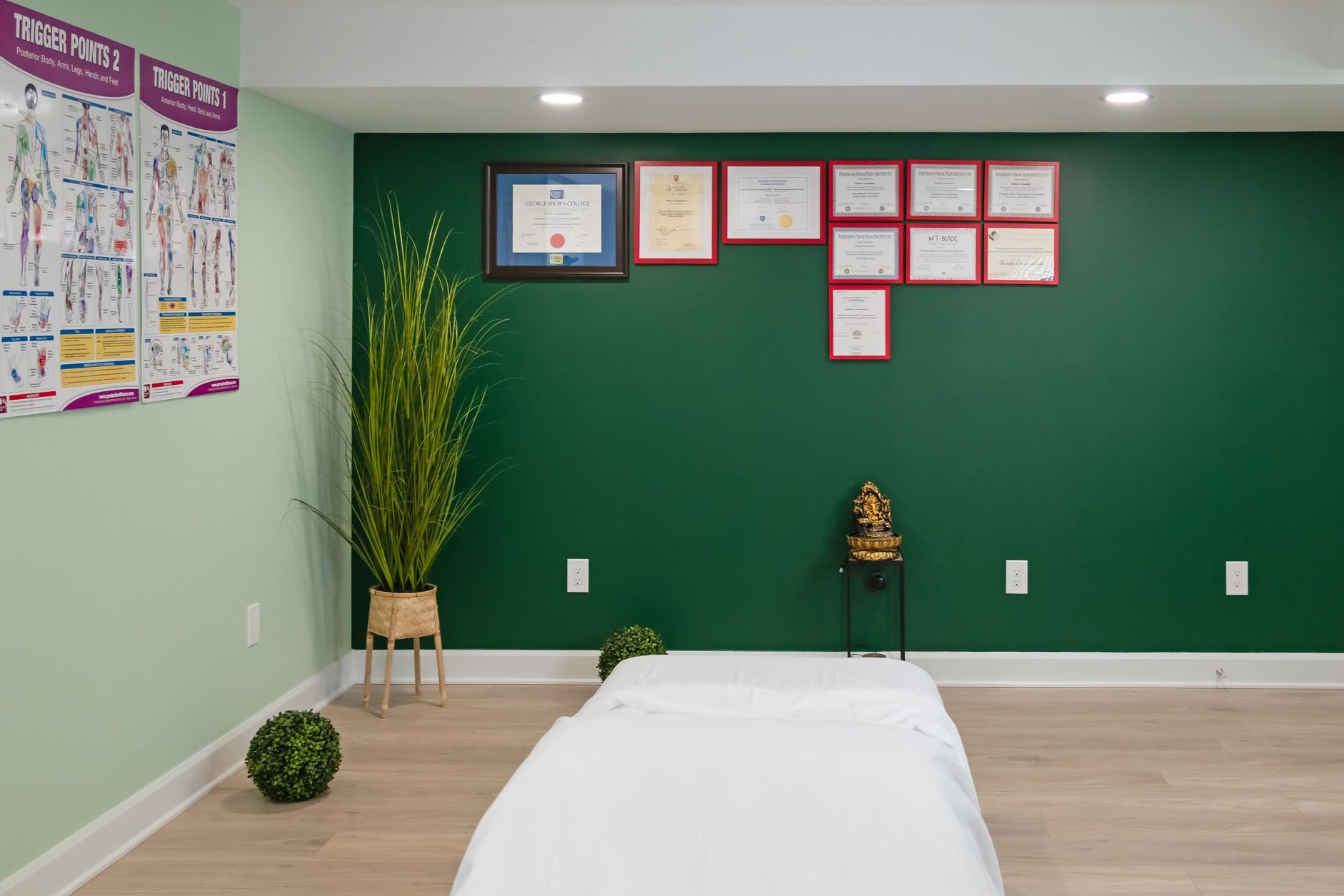 Modern massage therapy treatment room in Stittsville with green accent wall and professional setup.