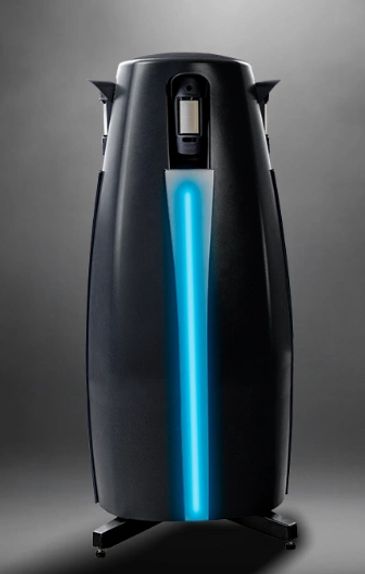 Futuristic black device with a vertical blue light strip, sleek and modern design.