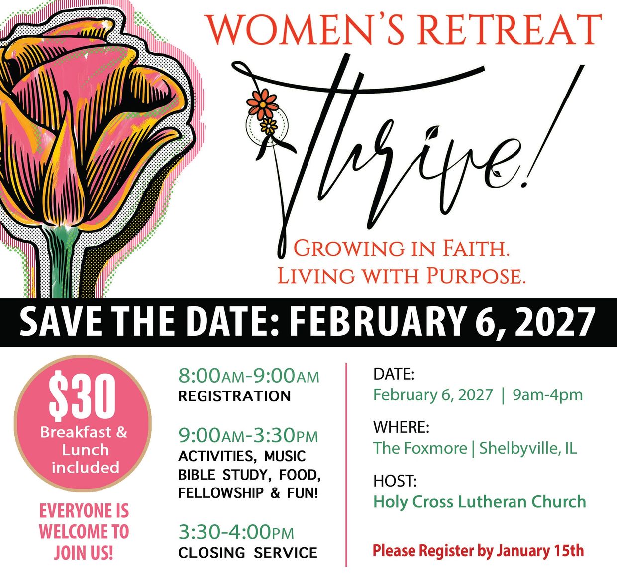 Women's Retreat event on February 6, 2027, hosted by Holy Cross Lutheran Church.