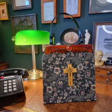 1950s Rigid Tapestry Handbag with Large Wooden Cross and Gunmetal Skull