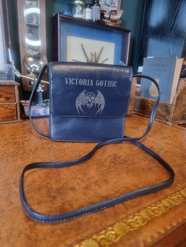 1990s Navy Blue Leather Crossbody Bag with Bat Skull Design