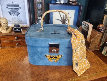1960s Pale Blue Vanity Case with Butterfly Skull Design