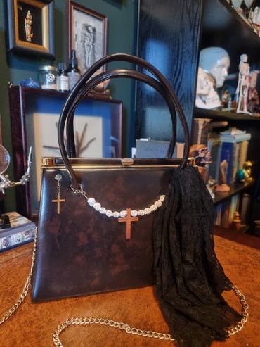 1960s Elbief Framed Handbag with Skulls and Cross Necklace Design and Free Purse