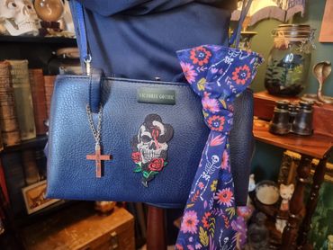 1960s Mod Bag in Navy Blue with Snake & Skull Patch, Wooden Pendant Cross and Skeleton Bagerchief