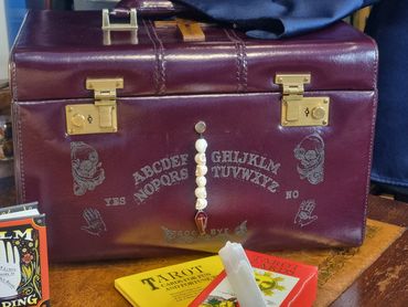 1970s Leather Burgundy Vanity Case with Ouija Board Design 