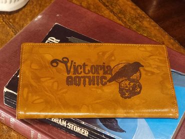 1970s Mottled Tan Leather Wallet with VG Raven, Moon, Skull Design