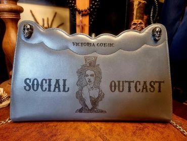 1980s Grey Leather Clutch/Shoulder Bag with Social Outcast Design