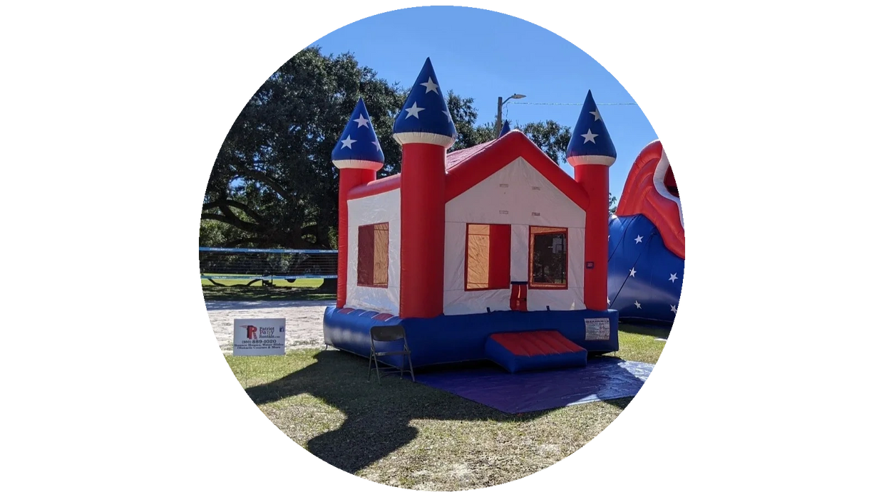 Red, white, and blue American patriot inflatable bounce house