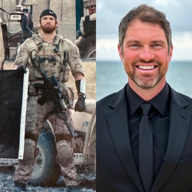 Side-by-side of a soldier in combat gear and a man in a black suit smiling.