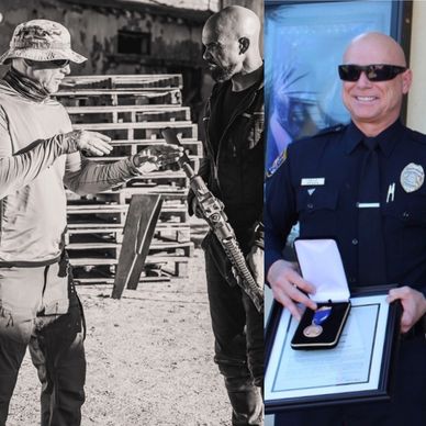 A police officer receives an award, alongside a black-and-white photo of two men with a rifle.