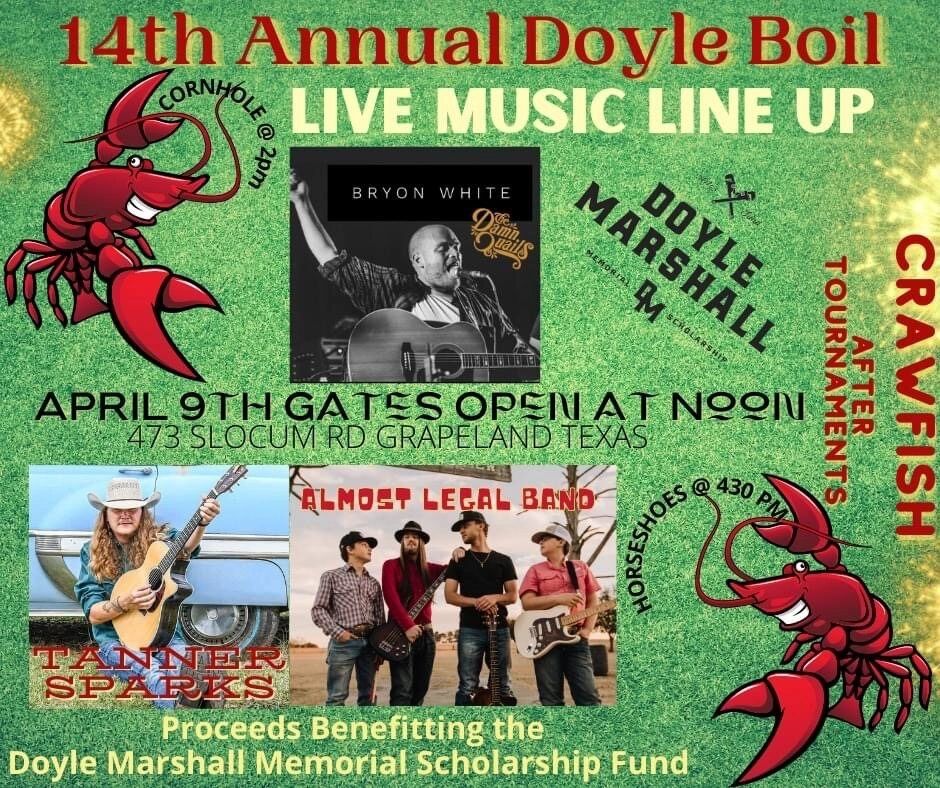 14th Annual Doyle Boil poster, April 9, 2022, live music lineup with Bryon White of The Damn Quails,