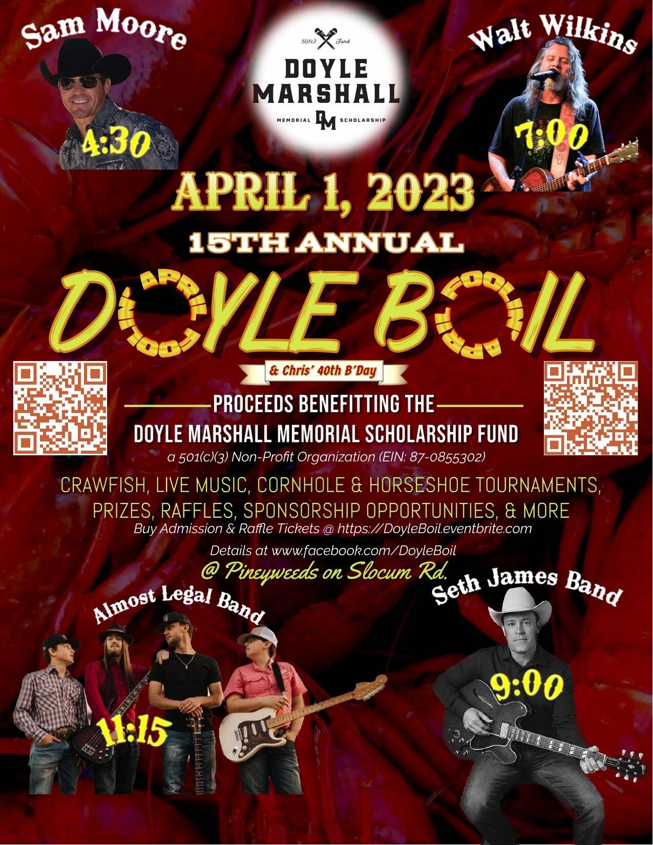 15th Annual Doyle Boil poster, April 1, 2023, featuring Sam Moore, Walt Wilkins, and Jason Allen.