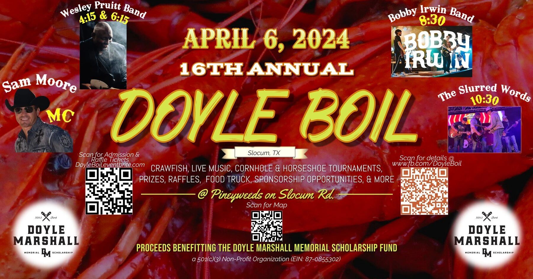 16th Annual Doyle Boil poster, April 6, 2024, featuring Wesley Pruitt Band, Sam Moore, Bobby Irwin B