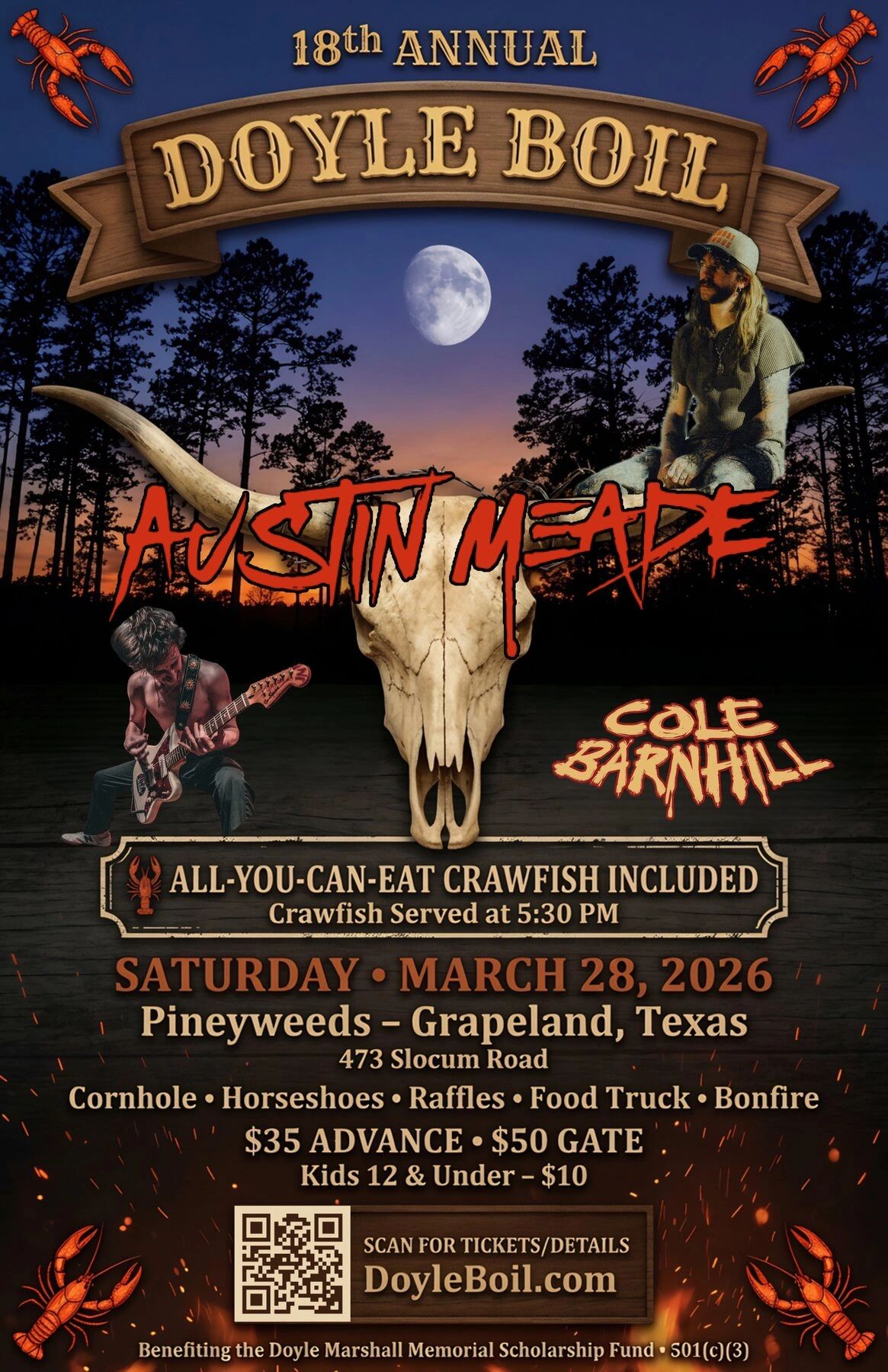 18th Annual Doyle Boil poster, March 28, 2026, at Pineywoods in Grapeland, Texas, featuring Austin M