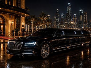 A luxurious black limousine at night with city lights.