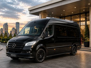 Black Mercedes-Benz Sprinter luxury van outside a hotel.