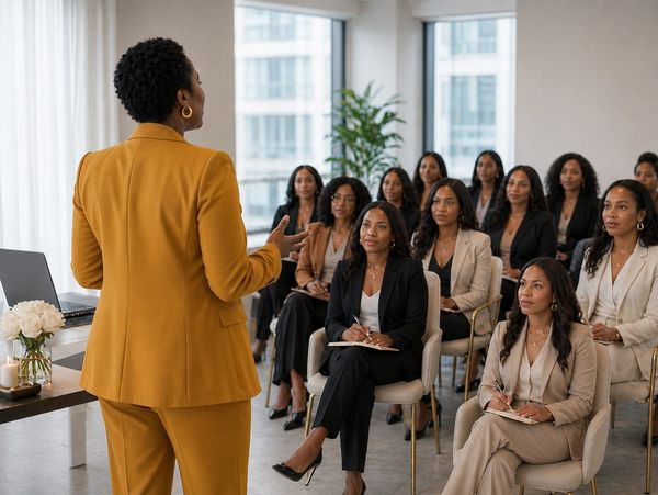 A woman in mustard suit speaks to a group of attentive women in an office.
