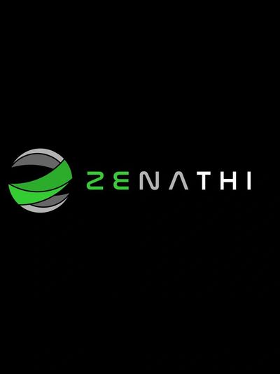 Logo with green and gray globe and text 'ZENATHI' on black background.