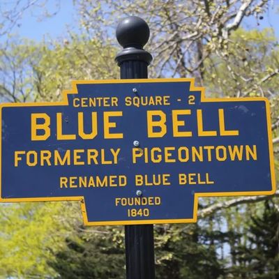 Historical sign for Blue Bell, formerly Pigeontown, founded in 1840.