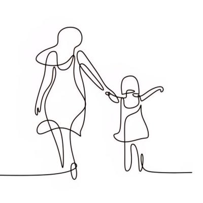 Eine Linienzeichnung einer Frau, die ein Kind an der Hand hält.