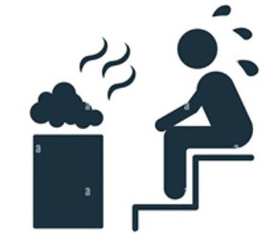 Icon of a person sweating near a steaming container, possibly sauna or hot environment.