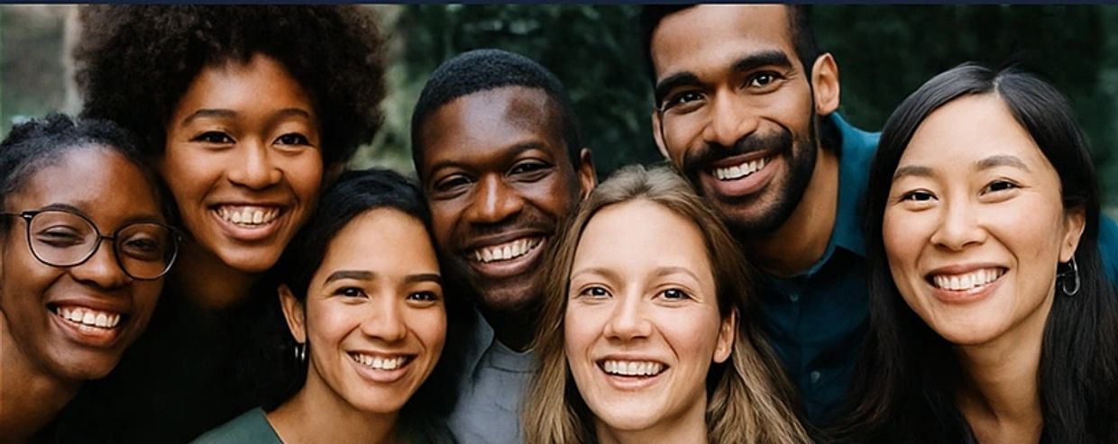 A diverse group of seven smiling friends posing closely together.