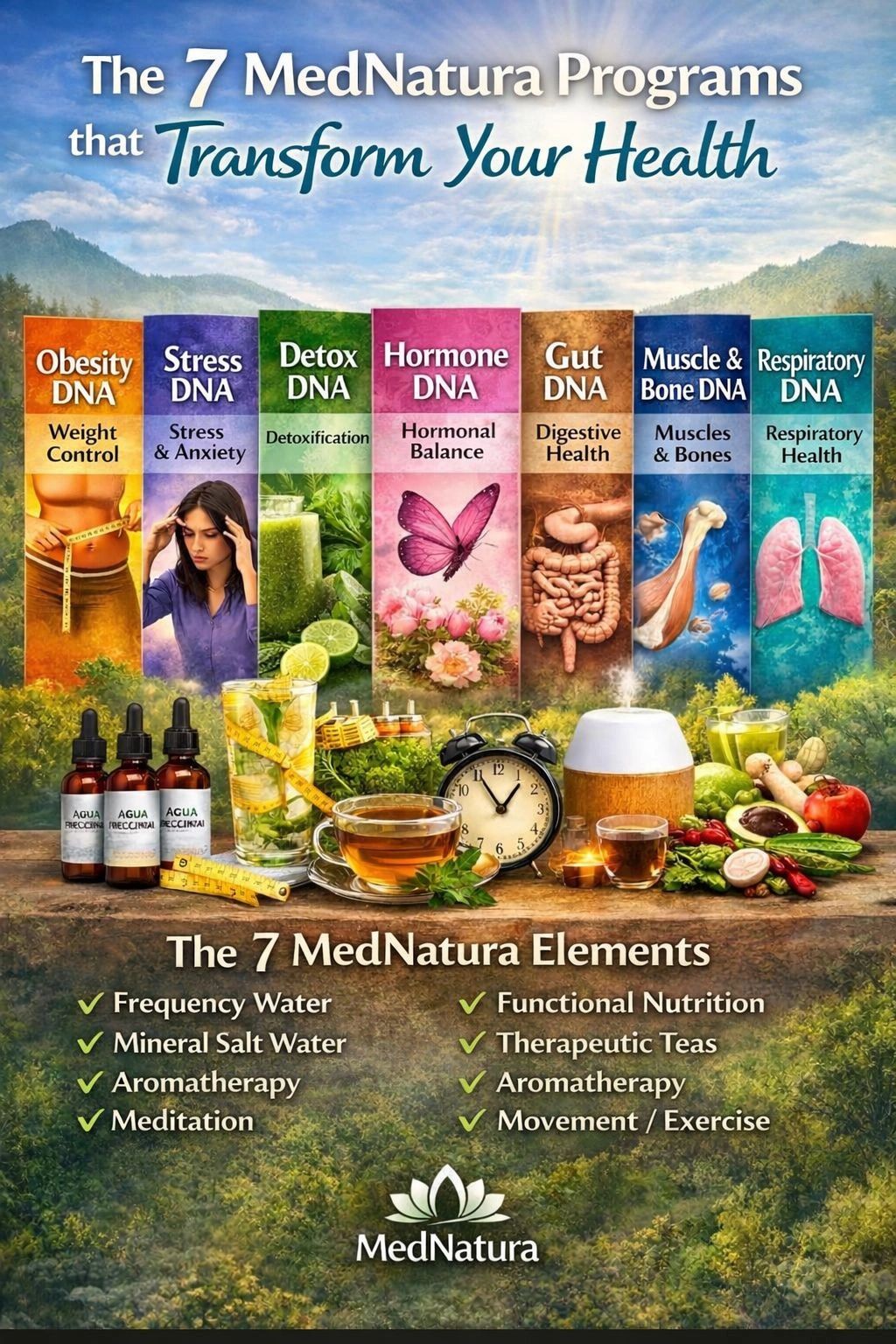 Overview of 7 MedNatura health programs focusing on DNA and holistic elements for wellness.