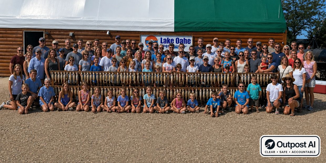 Large group photo at Lake Oahe with many people and a big display of caught fish.