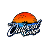 Retro-style logo of The Outpost Lodge with a sunset and trees.