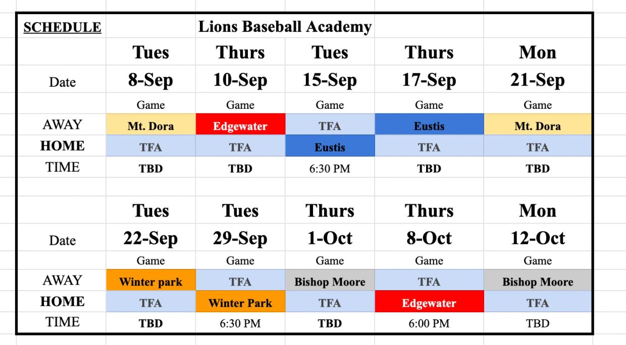 Lions Baseball Academy game schedule from September 8 to October 12.