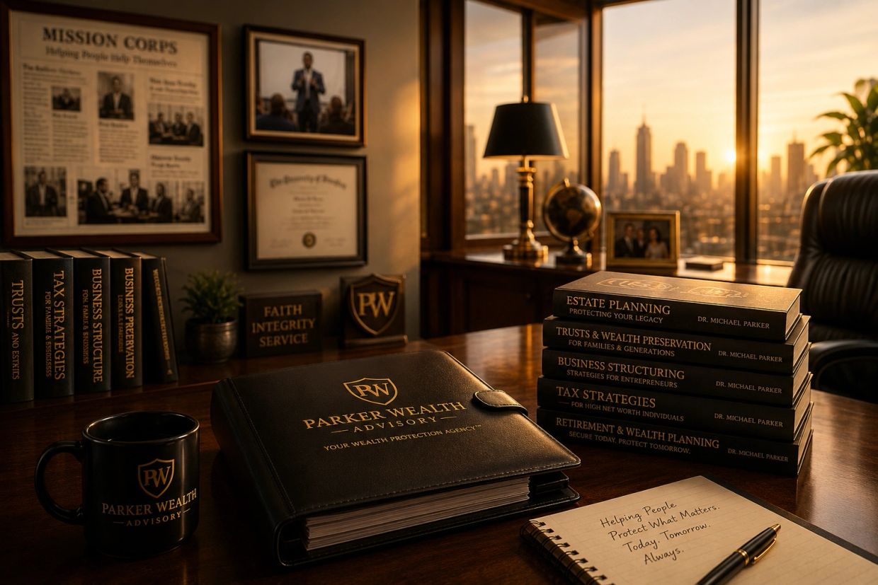 Elegant office with wealth advisory materials and sunset city view.