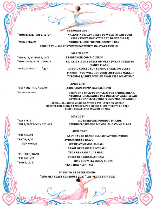2027 dance studio event and schedule highlights with Valentine, St. Patty's, competitions, and summer plans.