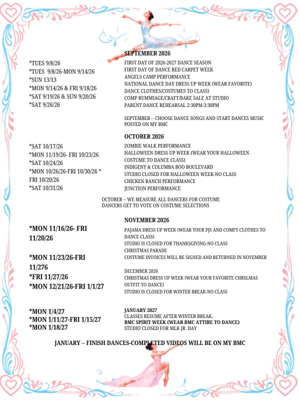 2026-2027 dance season schedule with key dates and events.