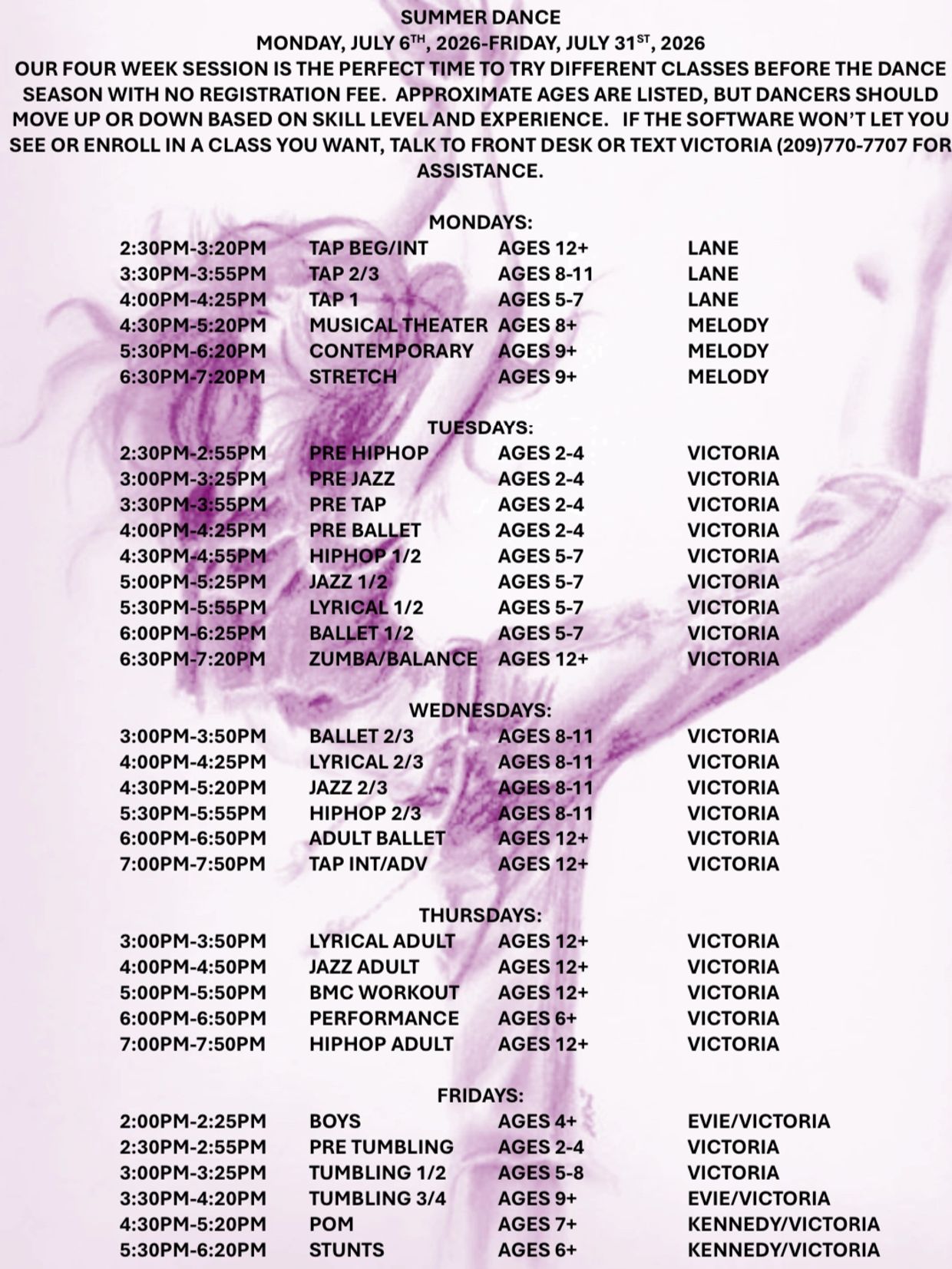 Summer dance class schedule from July 6 to July 31, 2026, with various age-specific dance sessions.