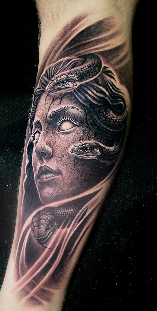Black and gray realism tattoo. Medusa tattoo portrait  Lone wolf tattoo Charlotte nc