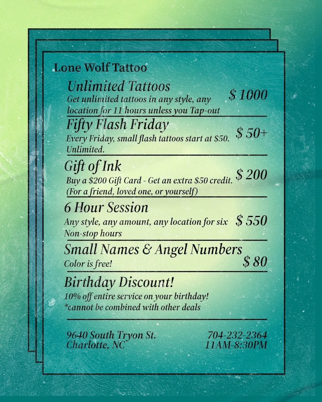 Tattoo pricing and services offered by Lone Wolf Tattoo in Charlotte, NC.
