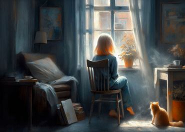 Young girl looking out a window with light flowing in. A cat sits on the floor in the sun