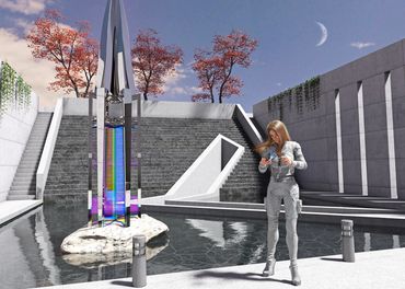 A woman in futuristic attire stands near a reflective pool with a modern sculpture and crescent moon.