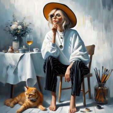 Artist with a yellow hat sitting on a chair with a cat on the floor