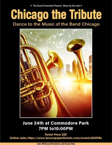 Poster for Chicago tribute concert at Commodore Park on June 24th.