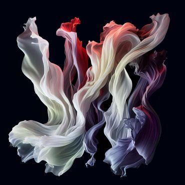 Floating silk cloths blowing in the wind with red, yellow, blue and violet lights on a black backgro