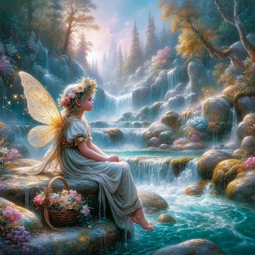 pixie on a rock by a stream and waterfall