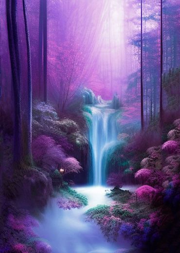 Forest waterfall with violet mist