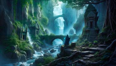 Cloked figure on an outcrop in tha deep dark valley with temples and bridges