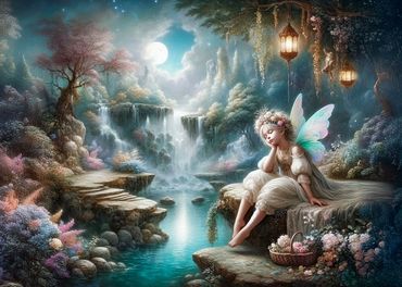 Pixie on a rock in the evening with a lantern clouds and moon